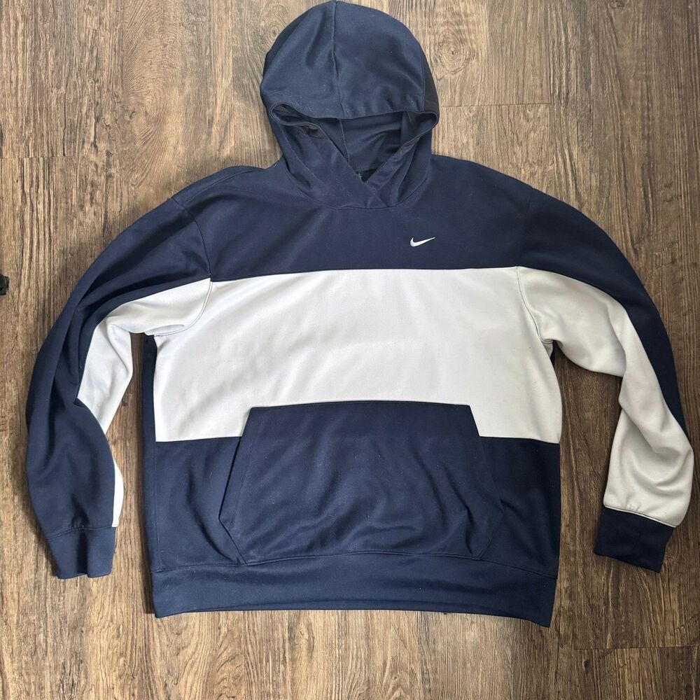 Nike Performance Hoodie logo Navy White Baggy Dri Fit Sports Mens L DH9726-419